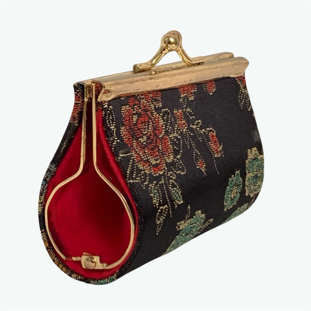 Small Black Satin Brocade Floral Kiss Lock Teardrop Coin Purse / Lipstick Case